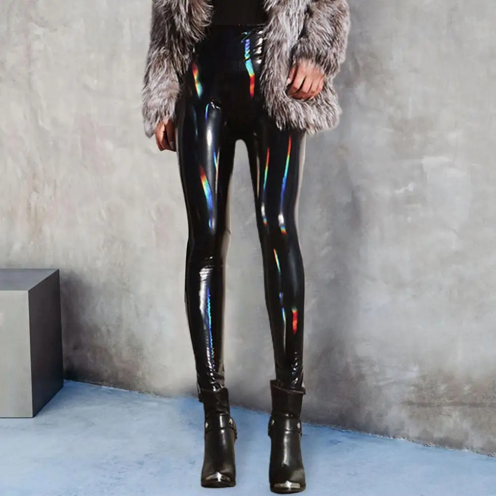 

Solid Color Faux Leather Pencil Pants Women High Waist Mirror Surface Solid Color Shinny Slim Trousers Sexy Nightclub Pants