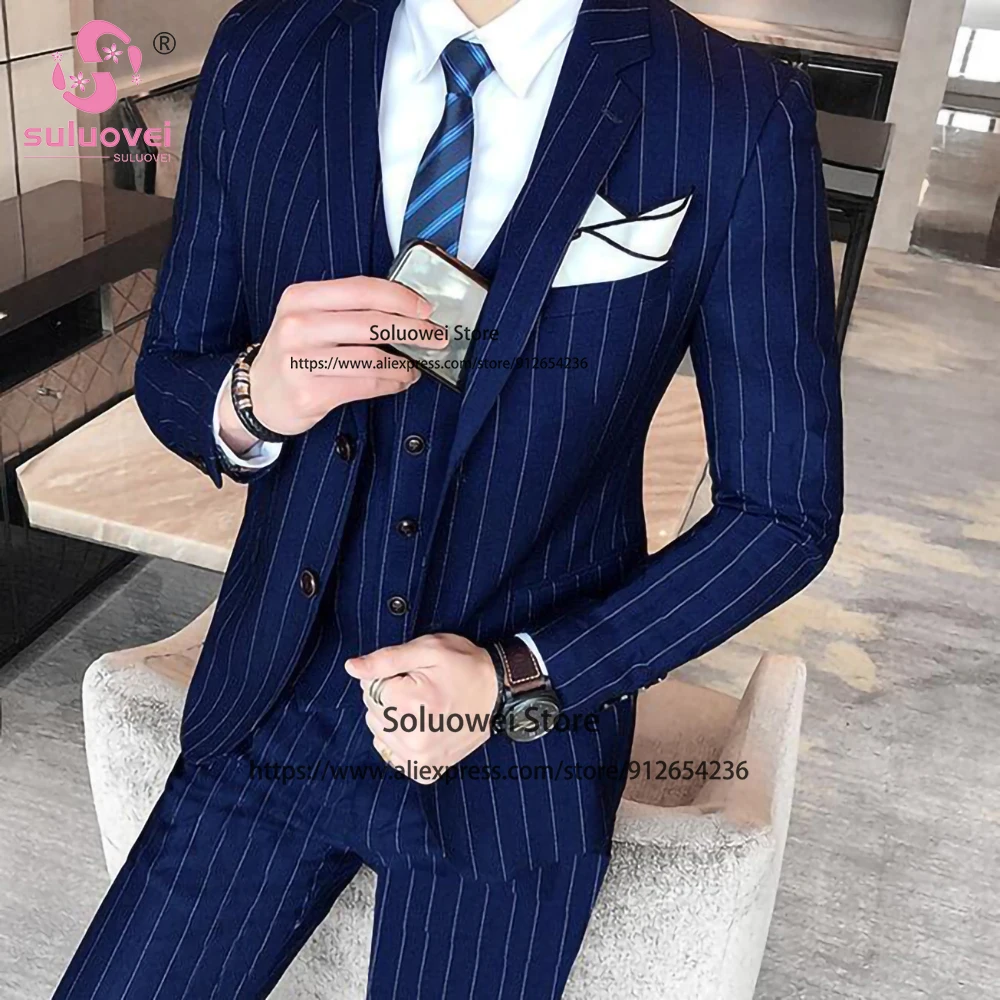 Fashion Wedding Striped Suits For Men Slim Fit 3 Piece Pants Set Formal Groom Dinner Prom Tuxedo Blazer Terno Masculino Completo