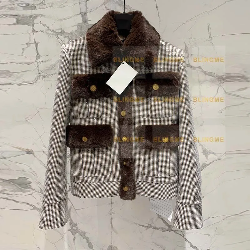 

23Designer Sequined Fur Cotton Jacket Runway New Single Breasted Lapel Plaid Short Coat Y2K Fashion Women High End Clothing
