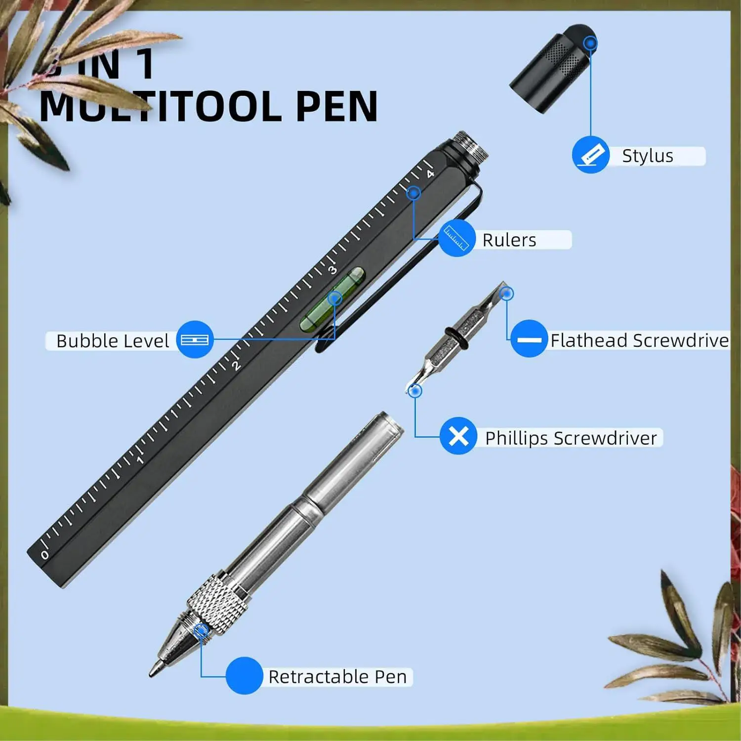 새로운 멀티툴 펜 멋진 가제트, 스타일러스가 포함된 참신한 펜, 레벨, 눈금자, 드라이버, 아빠 남편을 위한 생일 선물 Black Durab
