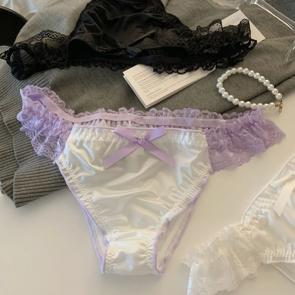 Women's Panties Lace Ruffle Satin Sexy Underwear Women's Low Waist Mesh Hollow Out Panties Sweet Girl Breathable  Briefs Lingeri