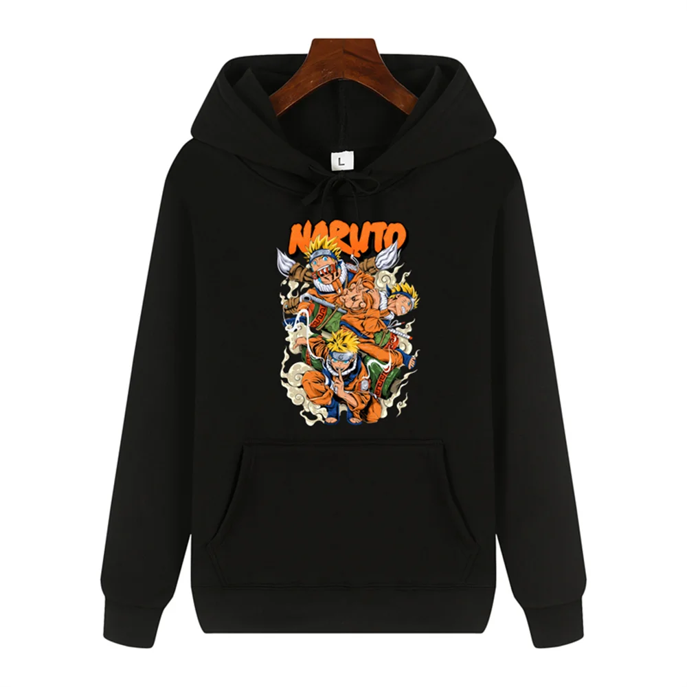 Black hoodie with dynamic Naruto design showcasing multiple forms in vibrant anime style