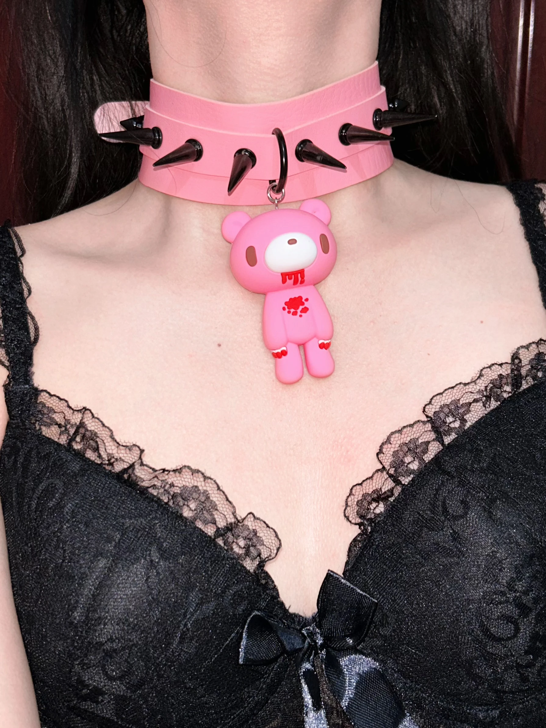 Pink spiked choker with Gloomy Bear Edgy cute, perfect