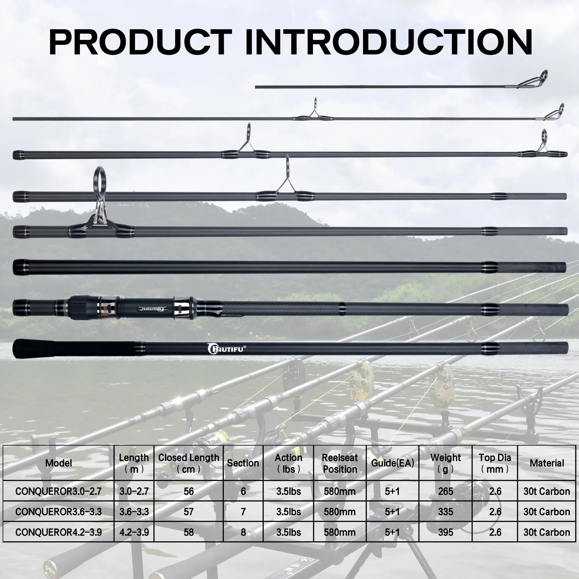 Fishing Rod BIUTIFU 2Tips 3.5lb 7Sections 4.2/3.6/3.0m 30t Carbon Fiber Travel Throwing 60-150m Shore Casting Spinning