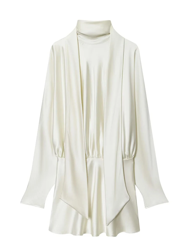 Women Mini Dresses With Scarf Chic Loose Turtleneck Long Sleeve Solid Dress Autumn 2025 New Lady Fashion Vacation Dresses