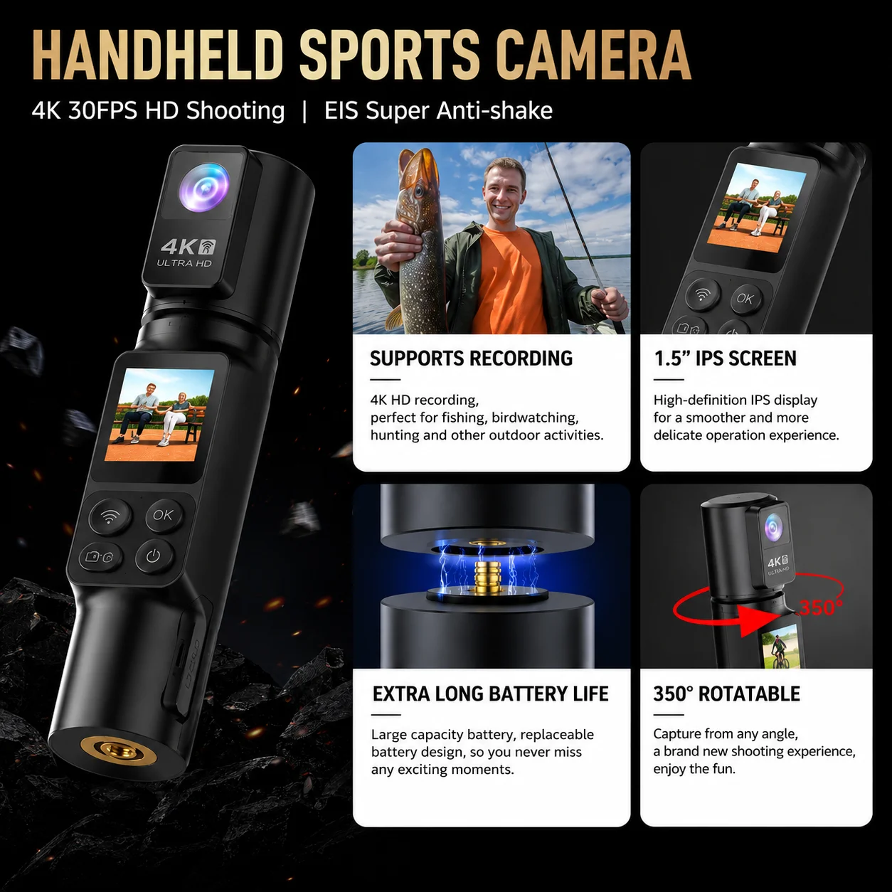AT-M103DR 4K HD 액션 카메라 20MP 30FPS EIS 안정화 기능 WiFi 스포츠 카메라 350 ° 회전 렌즈 1.5인치 IPS 스크린 브이로그 캠코더