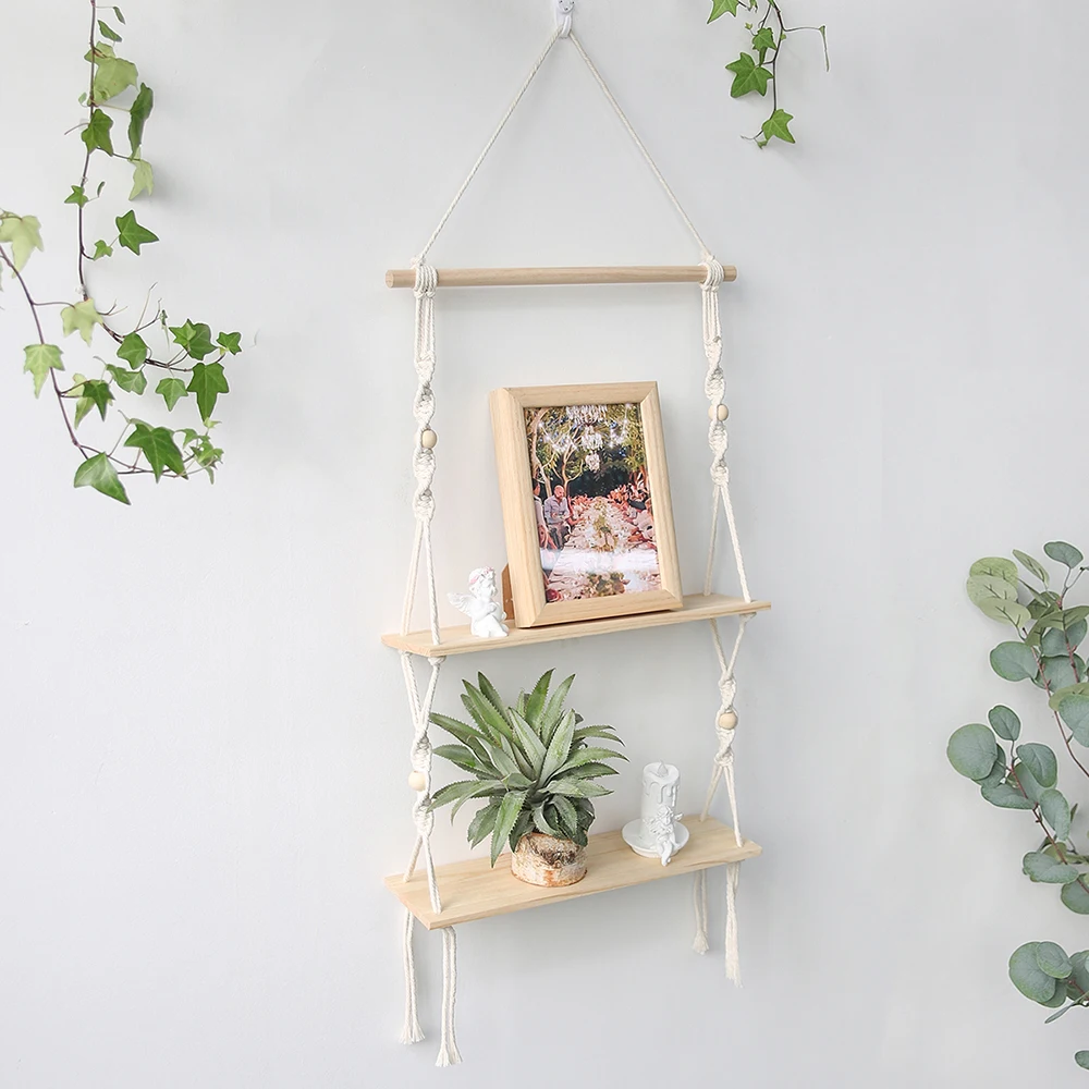 Macrame Wall Hanging Shelf Wood Floating Planter Storage Hanger