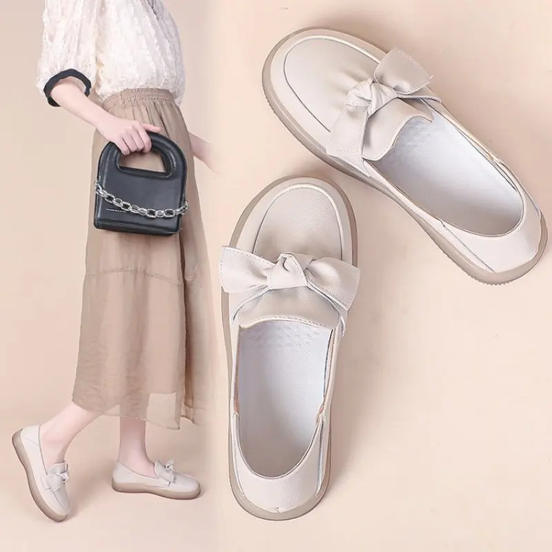 2024 Fashion comfort Women Genuine Cow Leather Flat Shoes Round Toe Bowknot Slip on Ladies Flats Handmade Casual simple