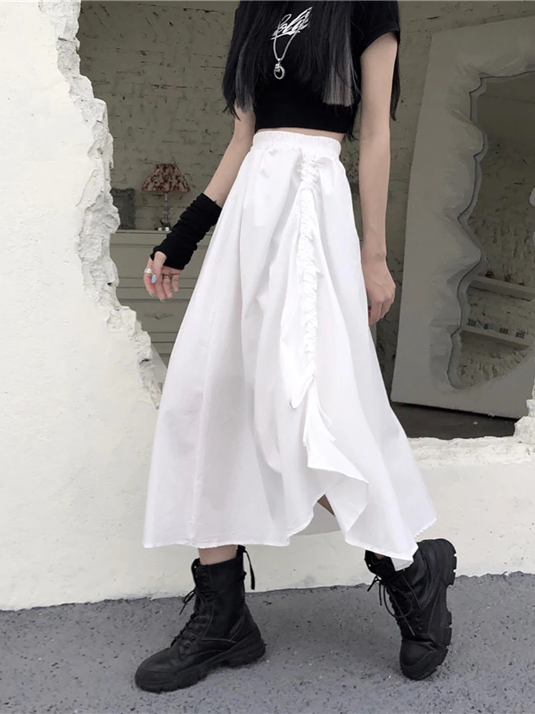 

Spring Summer Women Skirts Vintage Irregular Elastic High Waist White Black Cake A-line Long Skirt Korean Student Streetwear