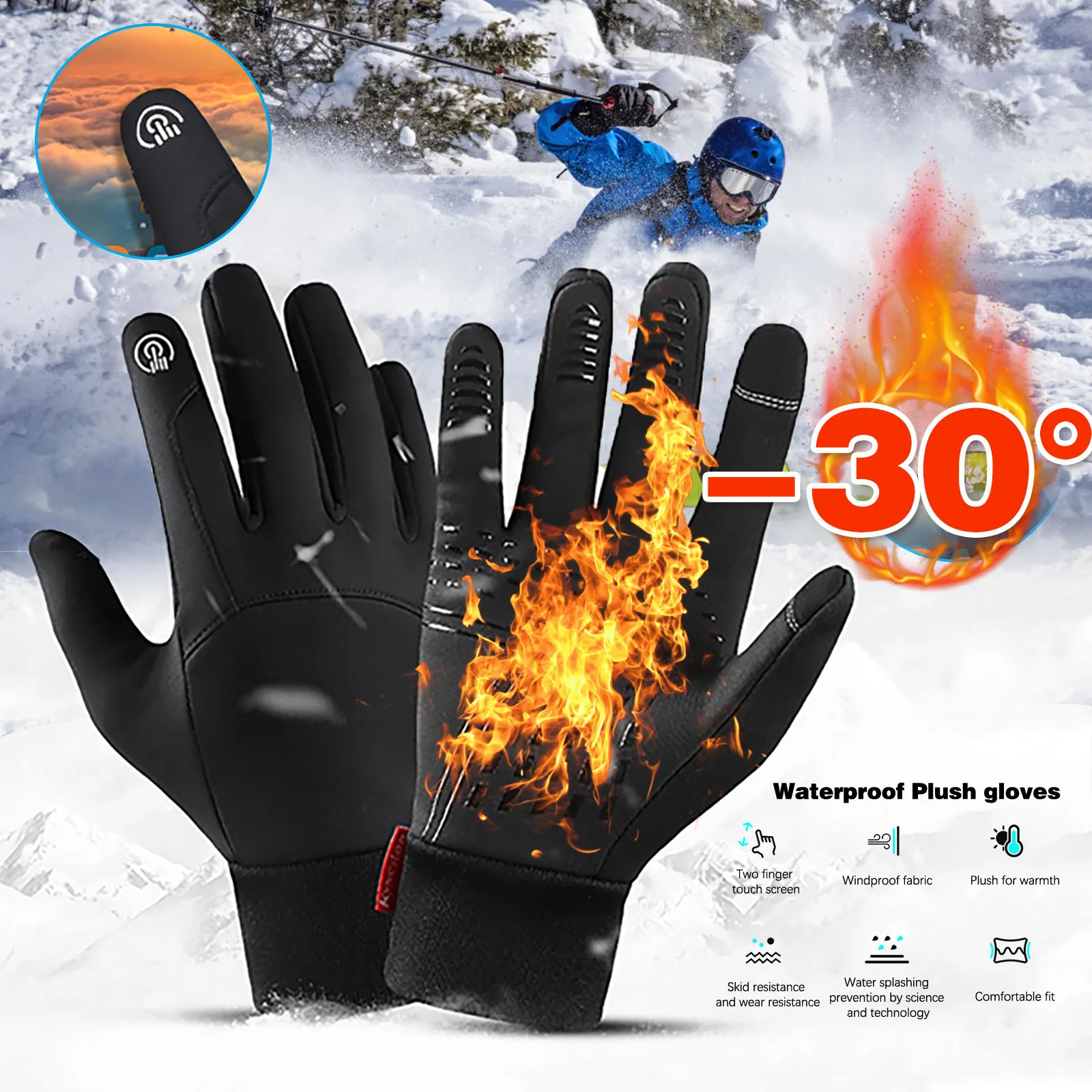 

2023 Black Winter Warm Full Fingers Waterproof Cycling Outdoor Sports Running Motorcycle Ski Touch Screen Fleece Gloves Guantes