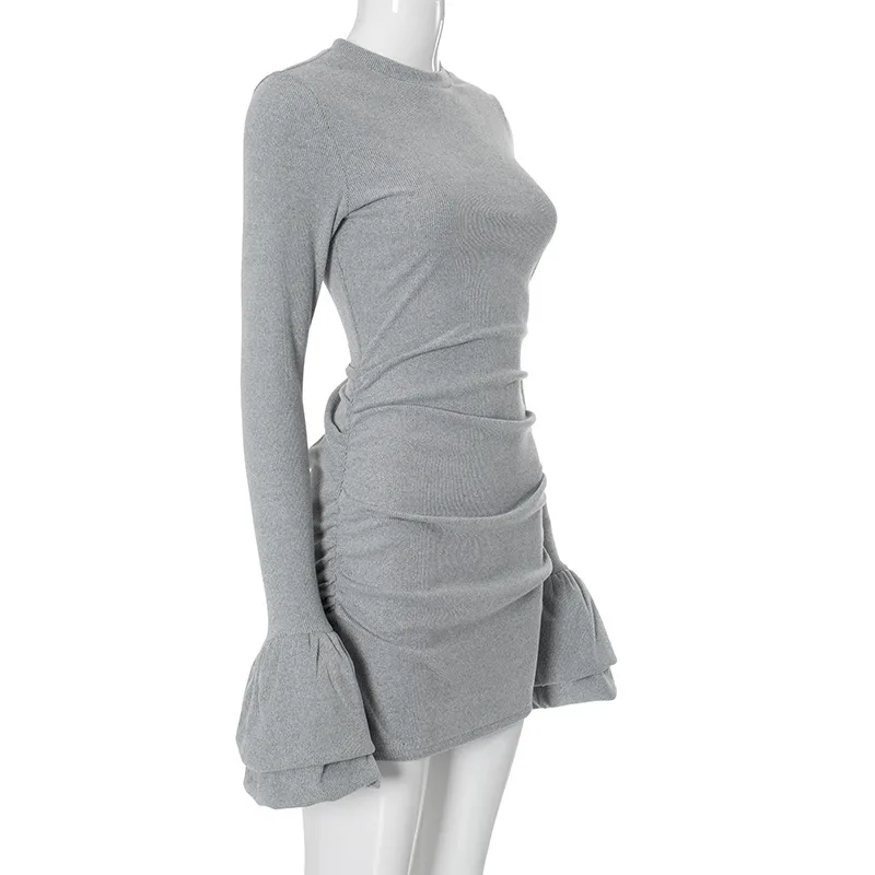 Autumn Ruffled Fashion Mini Dress Female High Waist Patchwork Long Sleeve Skinny Ribbed Bodycon Dress Women's Solid Dress