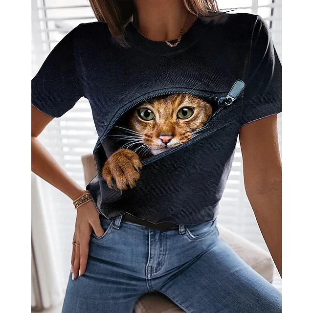 New  Printing Cute Cat/Cat Printing Female T-shirt Fashion Fitness Girl Short-sleeved Tops Fashion Casual Niche Design Clothing NUBP-6