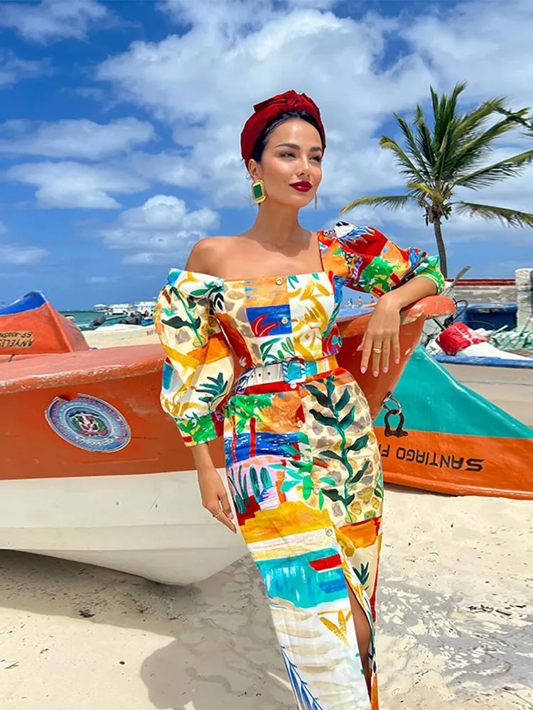 

Элегантное контрастное Женское Платье макси с разрезом и принтом, шикарные облегающие платья с коротким рукавом и квадратным вырезом, весенние модные халаты для отпуска 2024