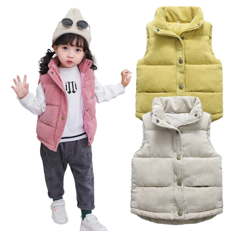 Children Autumn Winter Warm Vest Girls Casual Solid Color Jacket Boys Simple Fashion Collar Thickened Corduroy Waistcoat  3Y-10Y