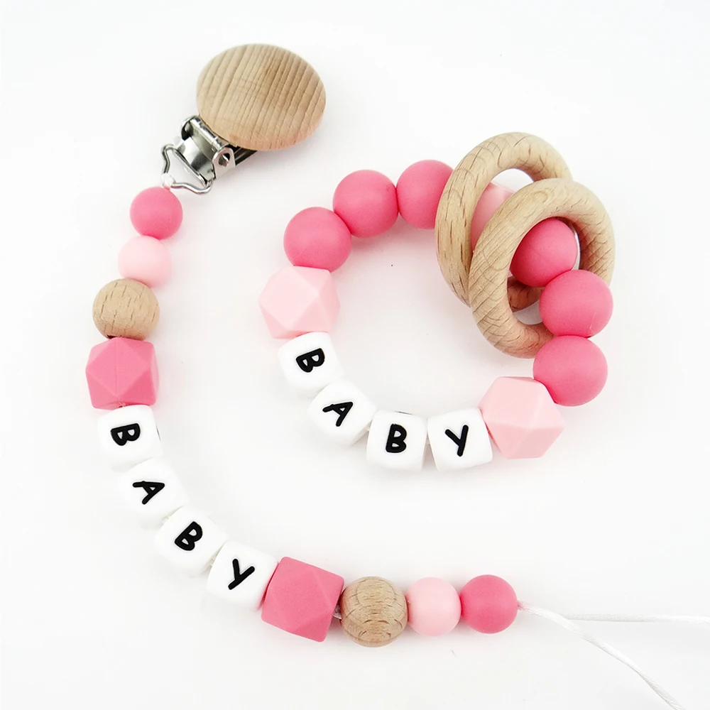 Pacifier Chain Pacifier Clip Pacifier Accessories Teether Clip 2PCS Personalized Name Pacifier Clips Silicone Letter Beads Teething Bracelet Wooden Nipple Holder Dummy Chain Baby Shower Gifts