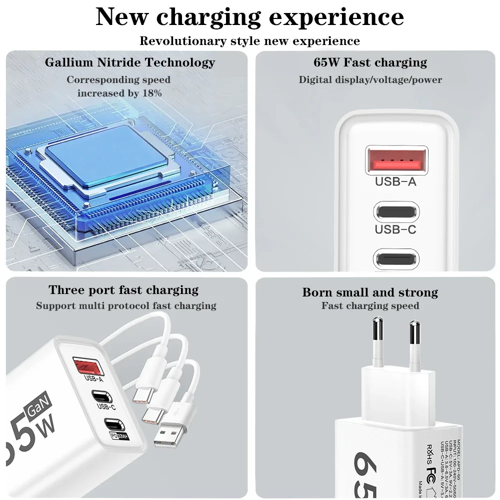 65W GaN PD USB C Fast Charger 3 Port EU US Quick Charge 3.0 For iPhone 16 15 14 Pro Max Xiaomi Samsung Mobile Phone Wall Adapter