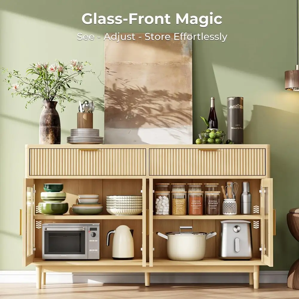 Sideboard et Cabinet with Drawers, Modern Kitchen Storage Cabinet with Adjustable Shelves and Tempered Glass Doors, Wood Cof