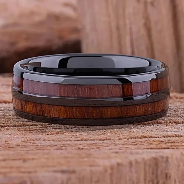 94148-364f0c.jpg Mode 8mm hommes titane acier Koa bois anneaux pour hommes femmes dôme poli en acier inoxydable anneaux hommes mariage bande bijoux cadeaux