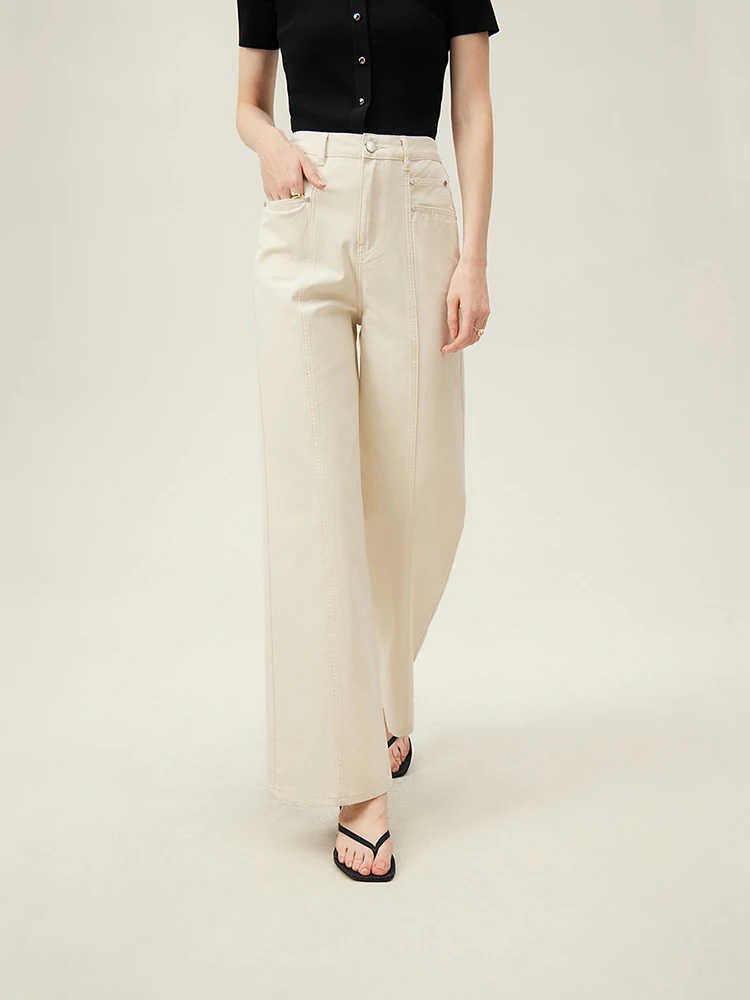 FSLE 100% Cotton White Loose Straight Full Length Jeans Pocket Decoration Summer New High Waist Commuter Jean 24FS12173