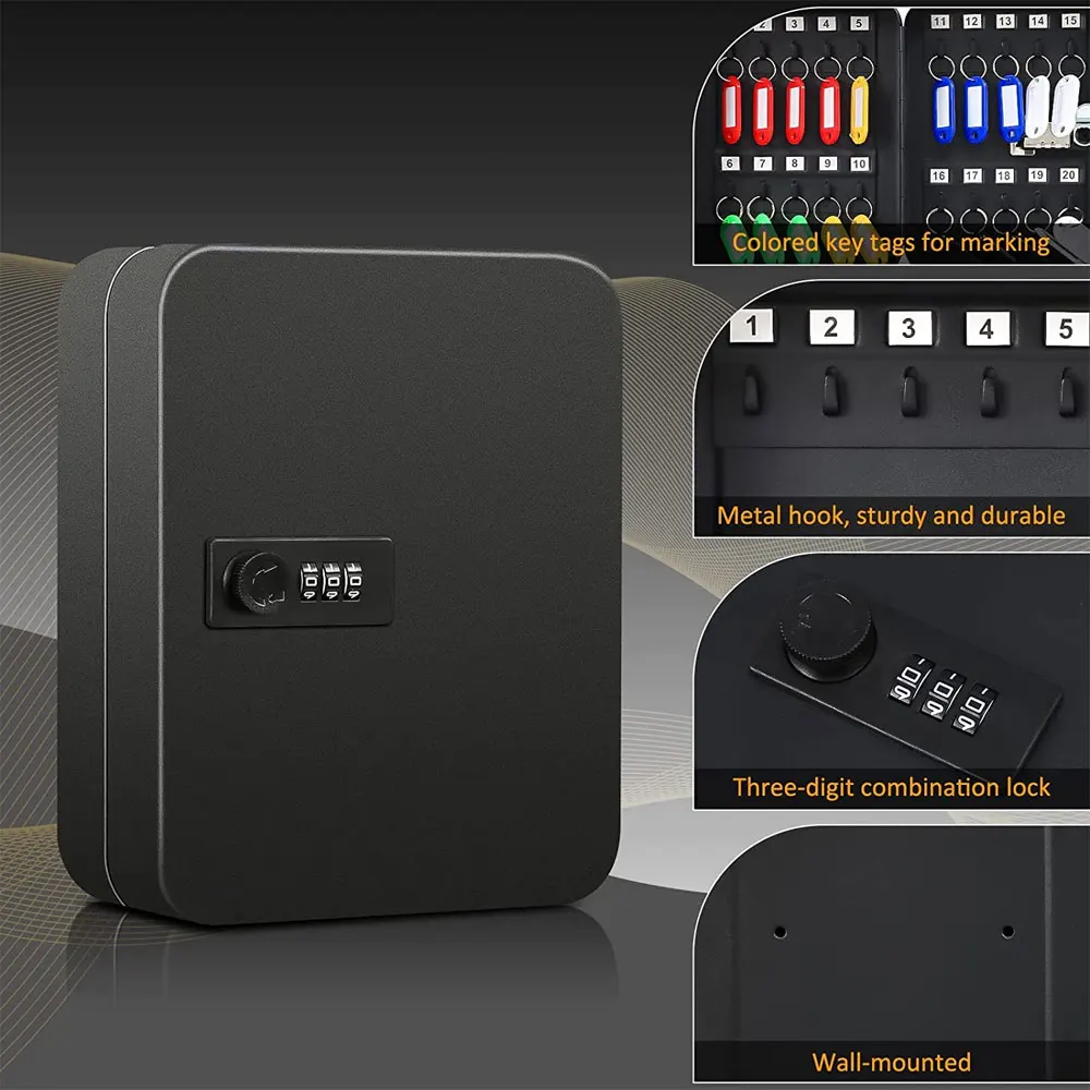 Sleek Black Wall-Mounted Key Cabinet with 3-Digit Combination Lock and 20 Hook Capacity