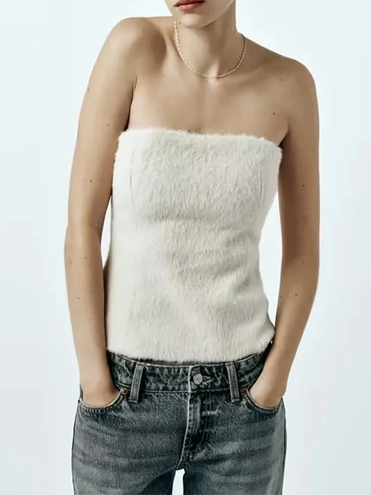 

Spring Ladies Faux Fur White Slim White Sleeveless Short Tops Womens 2024 New Fashion Back Zipper Strapless Vest
