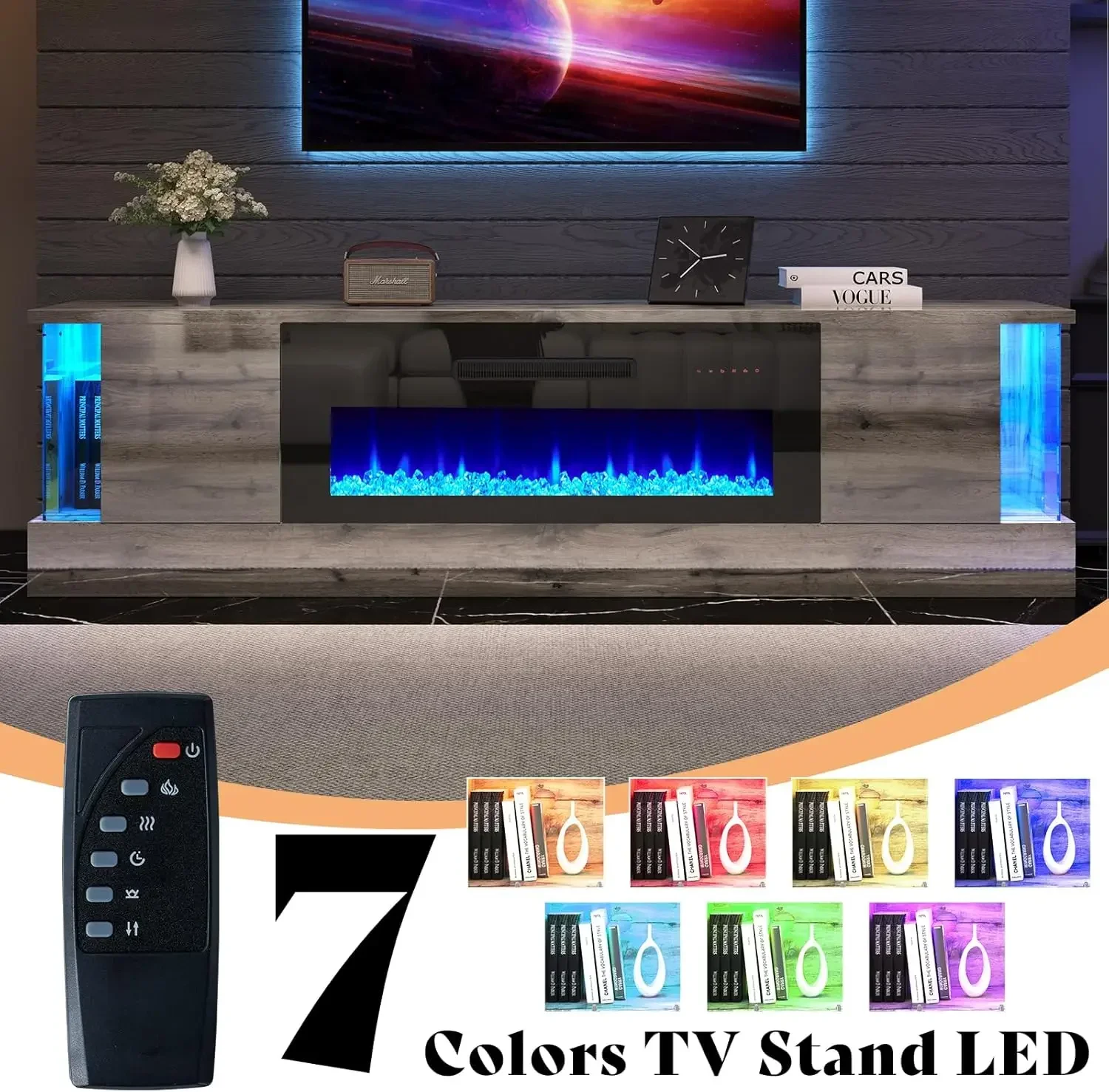 Glossy Oak Fireplace TV Stand with 36" Fireplace, 70" LED Lights Entertainment Center with Flip Doors & Corner Glass Decor 5