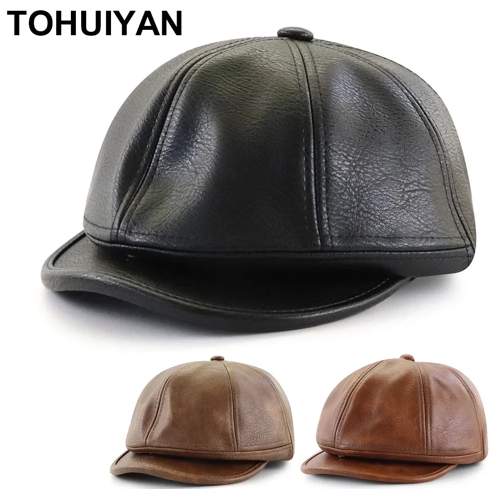 

2024 Classic Leather Newsboy Cap For Men Autumn Winter Warm Octagonal Hat Snap Brim Collection Hats Gentleman Casual Beret Caps