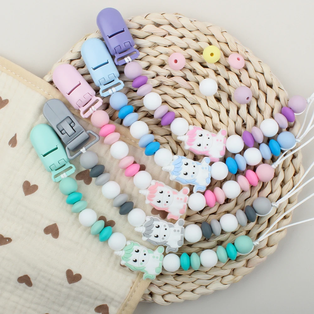 Pacifier Chian Baby Pacifier Holder Unicorn Silicone Beads Anti-Lost Nipple Holder Teething Dummy Holder Chew Gift Accessories