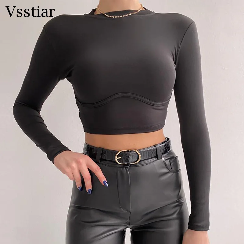 

Vsstiar Half Turtleneck Tees Top Elegant Solid Long Sleeve Casual Skinny T-Shirt Green Autumn Basic Sexy Women Cropped Black