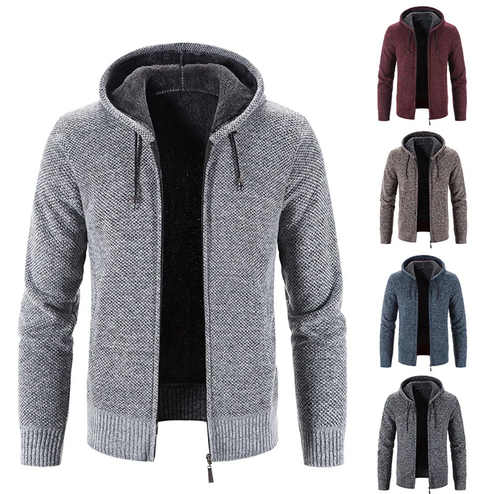

Men's Knitted Sweater Coat Hooded Pullover Solid Color Long Sleeve Zipper Sweater Winter Coat Black Sweater M-3XL