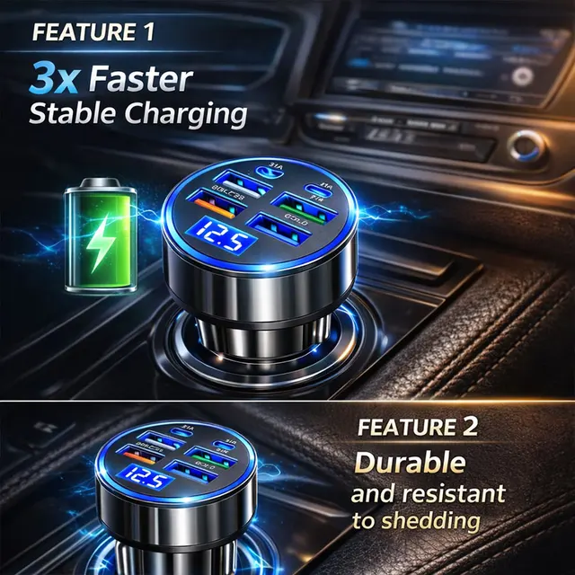 Super Fast Car Charger Adapter – 4-Port USB PD & QC 3.0 Fast Charging with LED Voltmeter, Universal Car Charger