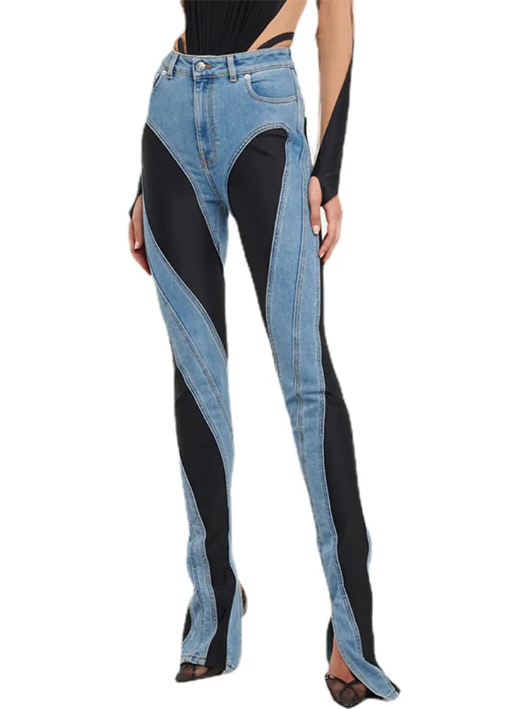 

Fashion Designer Color Block Women's Jeans Slim Deconstruct Panelled Patchwork High Waist Split Blue Long Denim Pants Autumn