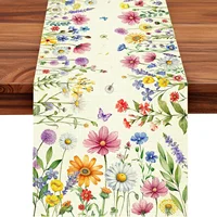 Spring Tulip Lavender Floral Linen Table Runner Holiday Wedding Party Decor Summer Colorful Flowers Table Runners Table Decor 1