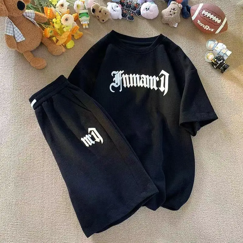 Summer Oversize Casual Fashion tracksuit Loose Jogging Waffle Suit Men Loose Short-sleeve tshirt + Sports Shorts 2pcs Set Outfit