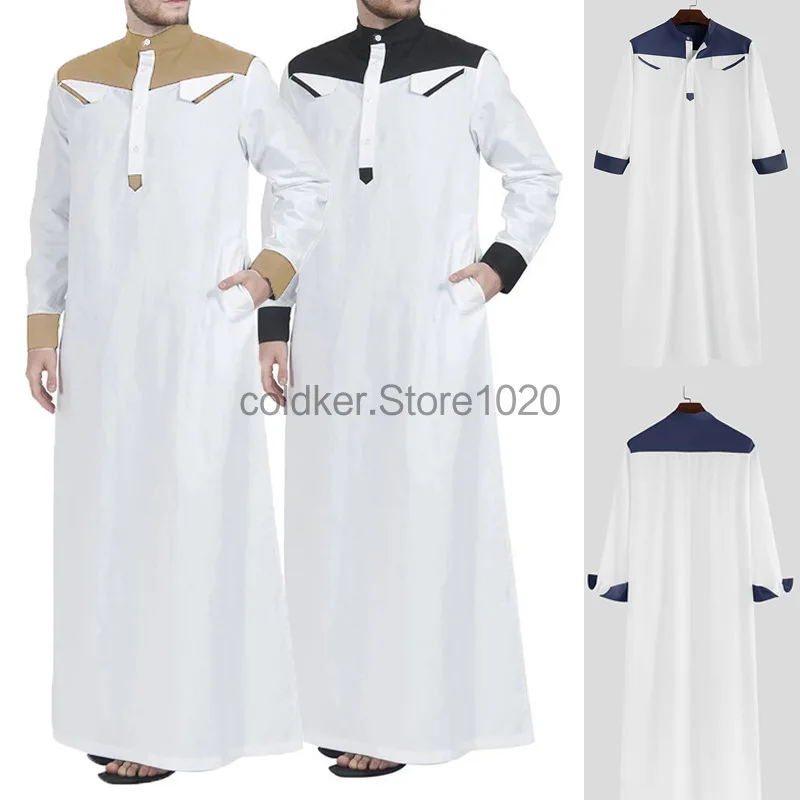 Traditionele Moslim Kleding Contrast Kleur Moslim Jurk Midden-Oosten Jubba Thobe Mode Lange Mouwen Mandarijn Hals Gewaad Voor Mannen