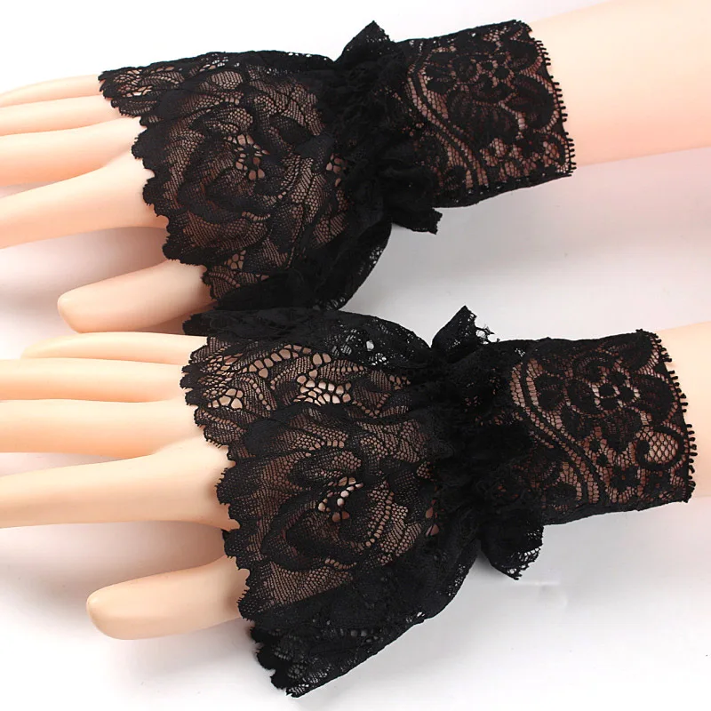 

Vintage Women Lace Pleated Ruffles Decorated Cuffs Hollow Out Embroidery Floral Detachable Sleeves Elastic Universal Fake Cuff