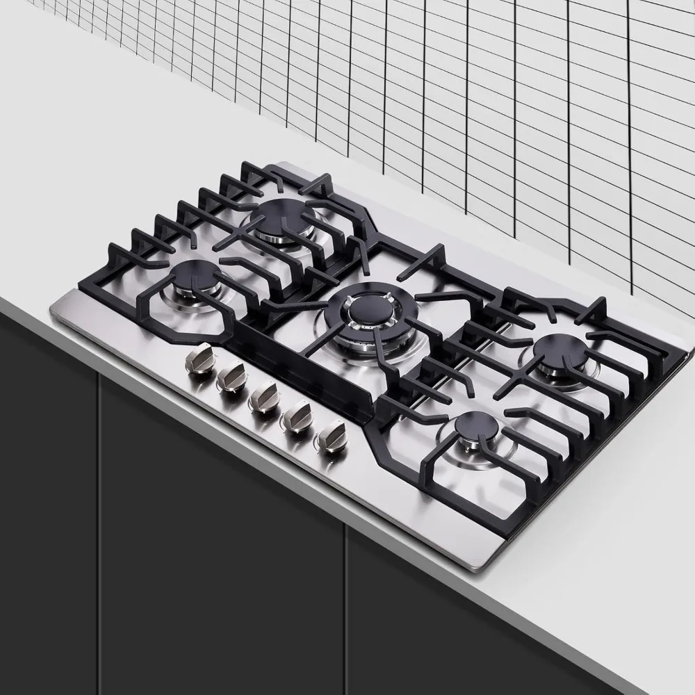 Gas Cooktop 5 High Efficiency Burners Gas Stovetop Stainless Steel Built-in Gas Stove Top Propane/Natural Gas Convertible 5