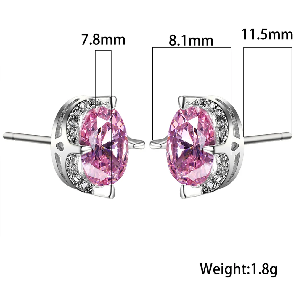 Elegant Pink Crystal Oval Stone Stud Earrings For Women Vintage Silver Color Wedding Earring Versatile Jewelry Gifts