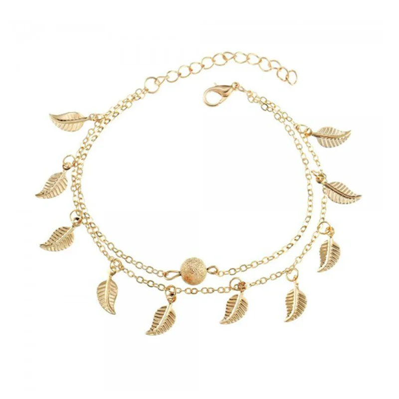 Ankle Chains Leaf Anklets Women Double Foot Chain Ankle Bracelets Bohemian Gold Color Leaves Anklet Jewelry Foot Summer Beach Gifts