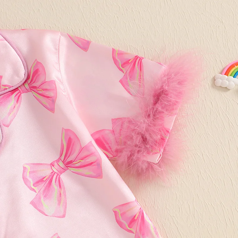Children s Girls Summer Pajama Set with Cute Bow Print Short Sleeve Shirt and Elastic Waist Shorts - 2 Piece Lounge Suit 5