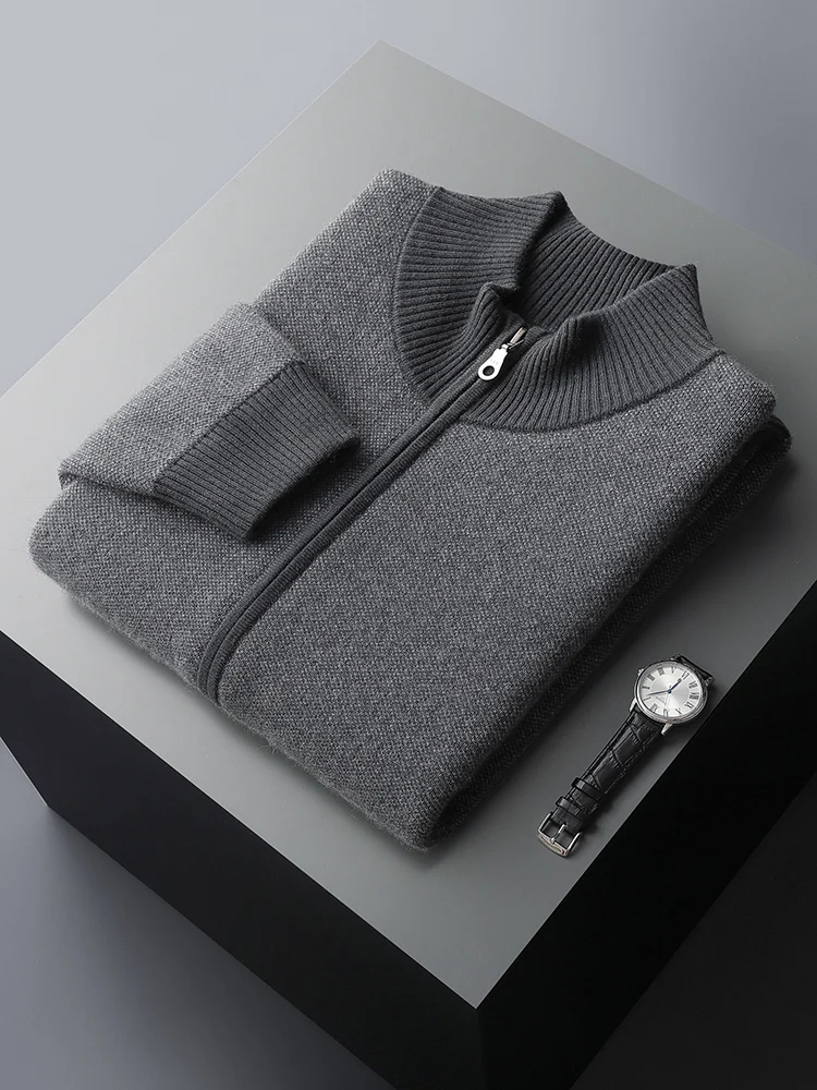 Autumn Winter Thick Men Sweater 100% Cashmere Long Sleeve Mock-neck Zipper Cardigan Soft Warm Large Size Knitwear Men Clothing 4