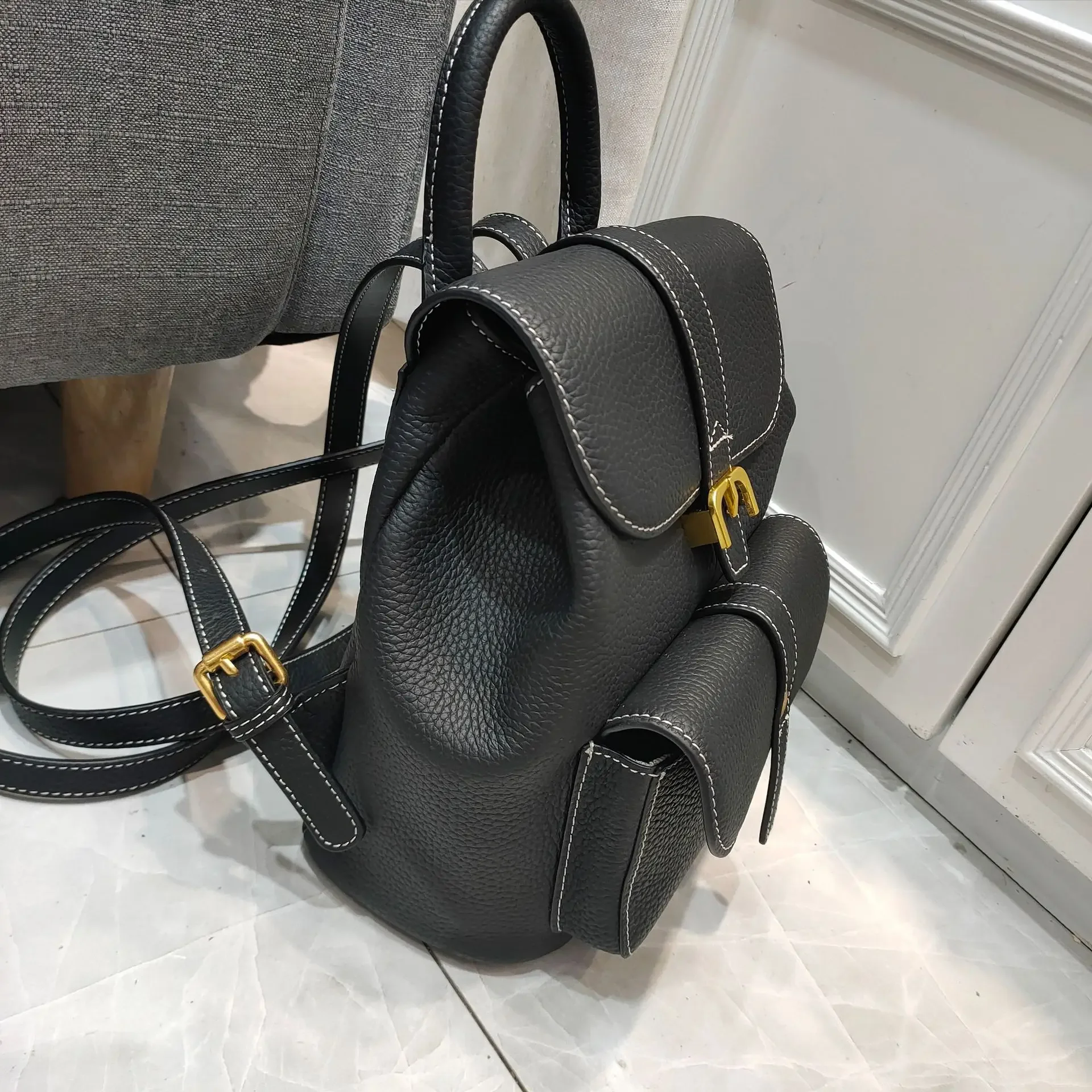 Luxury Handmade Natural Leather Backpack Women Vintage School Bags Small ,100% Real Cow Skin Female Shoulder Bag , Rucksacks 5