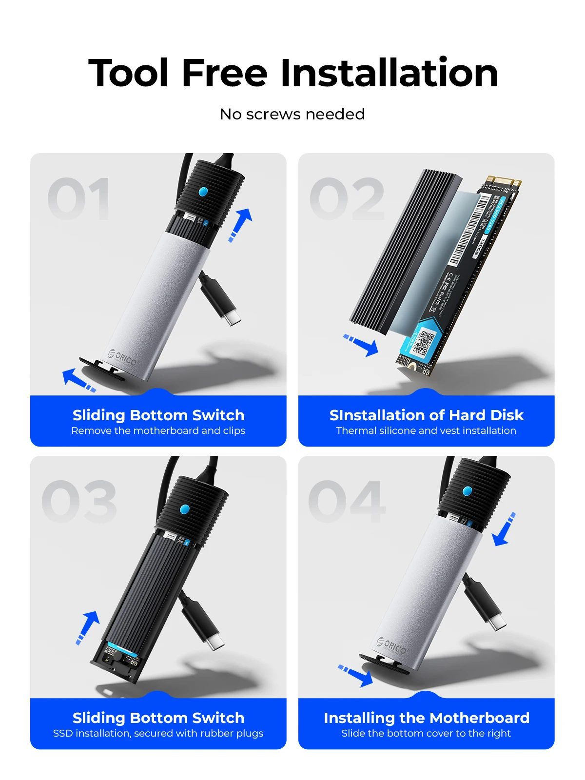 Orico-case Portátil Ssd m2 Protocolo Duplo Nvme Sata Gabinete Ssd M.2 Externo para Nvme Pcie Ngff Sata Ssd Disk Box Ferramenta Livre - Imagem 3