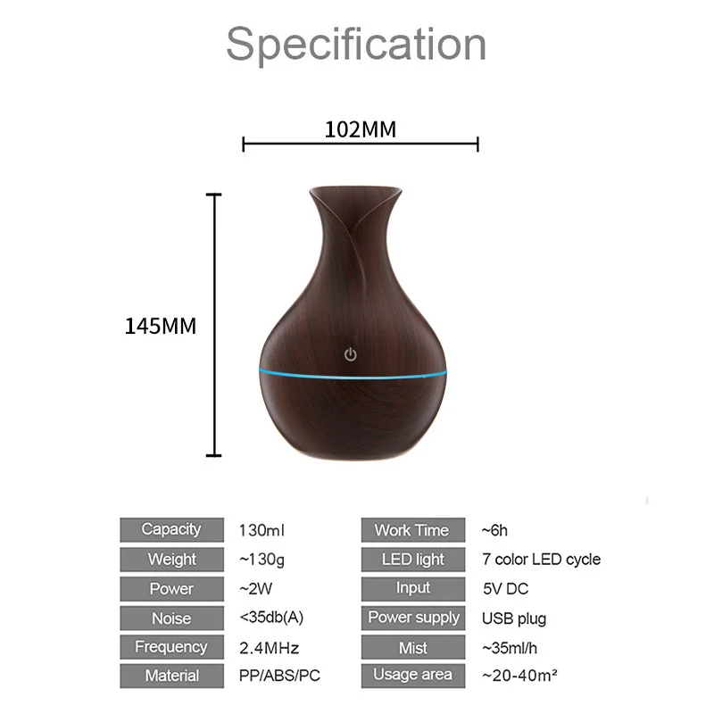 Household Wood Vase Aromatherapy Humidifier - Ultrasonic Mute Rechargeable Colorful Spray Diffuser - Image 6