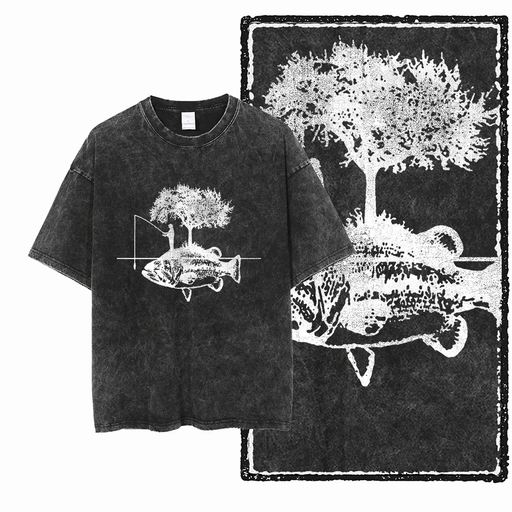 YB FISHING THEME Acid Washed Graphic Unisex Cotton T-Shirt - Cool Streetwear, Big Size