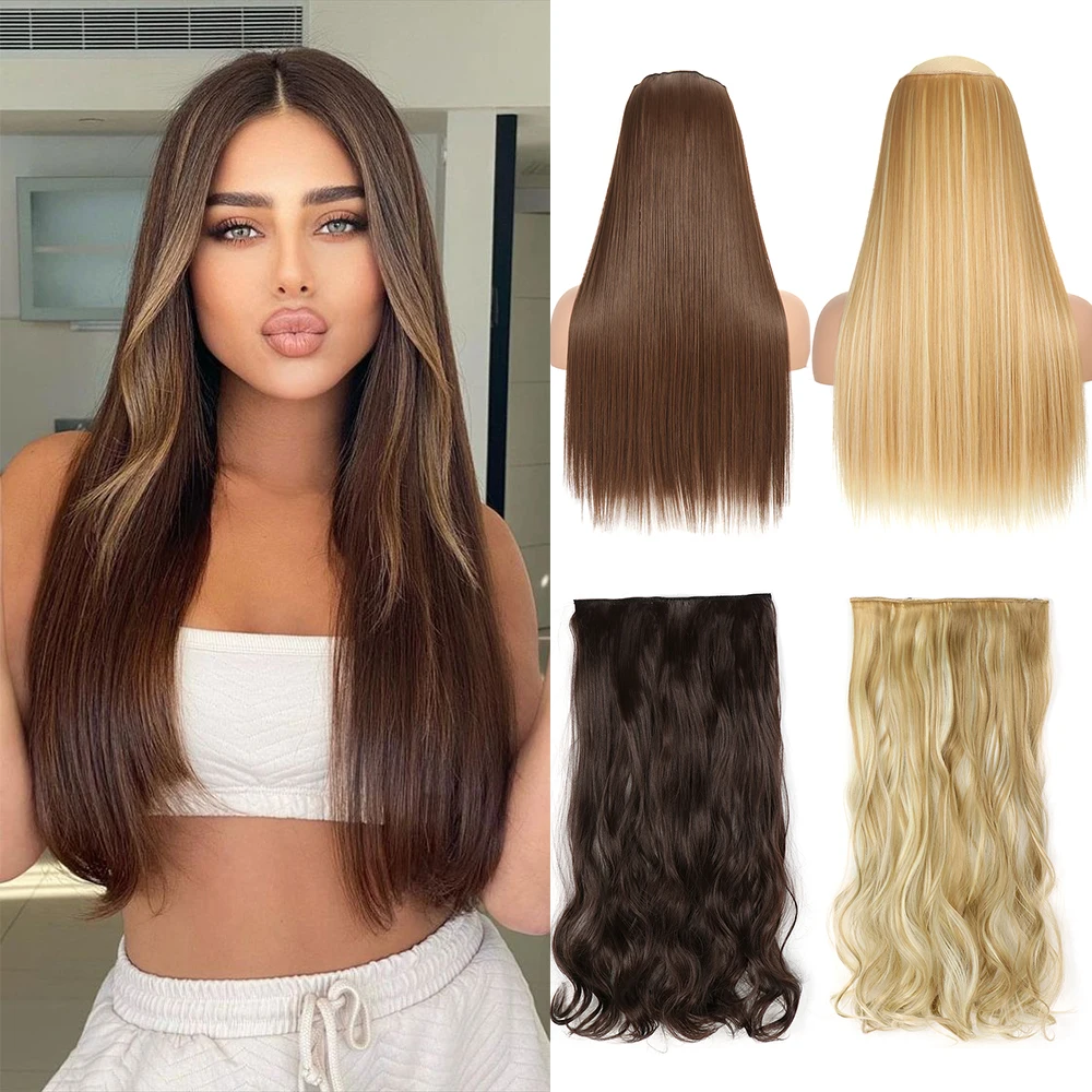 Synthetic 5 Clip In Hair Extensions Long Straight Hairstyle Hairpiece Black Brown Blonde Natural Fake Hair For Women