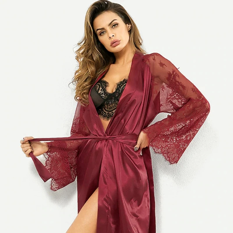 Women Sleepwear Bride Robes Sexy Wedding Dressing Gown Women Long Satin Lace Silk Kimono Bathrobe Bridesmaid Nightwear See Through