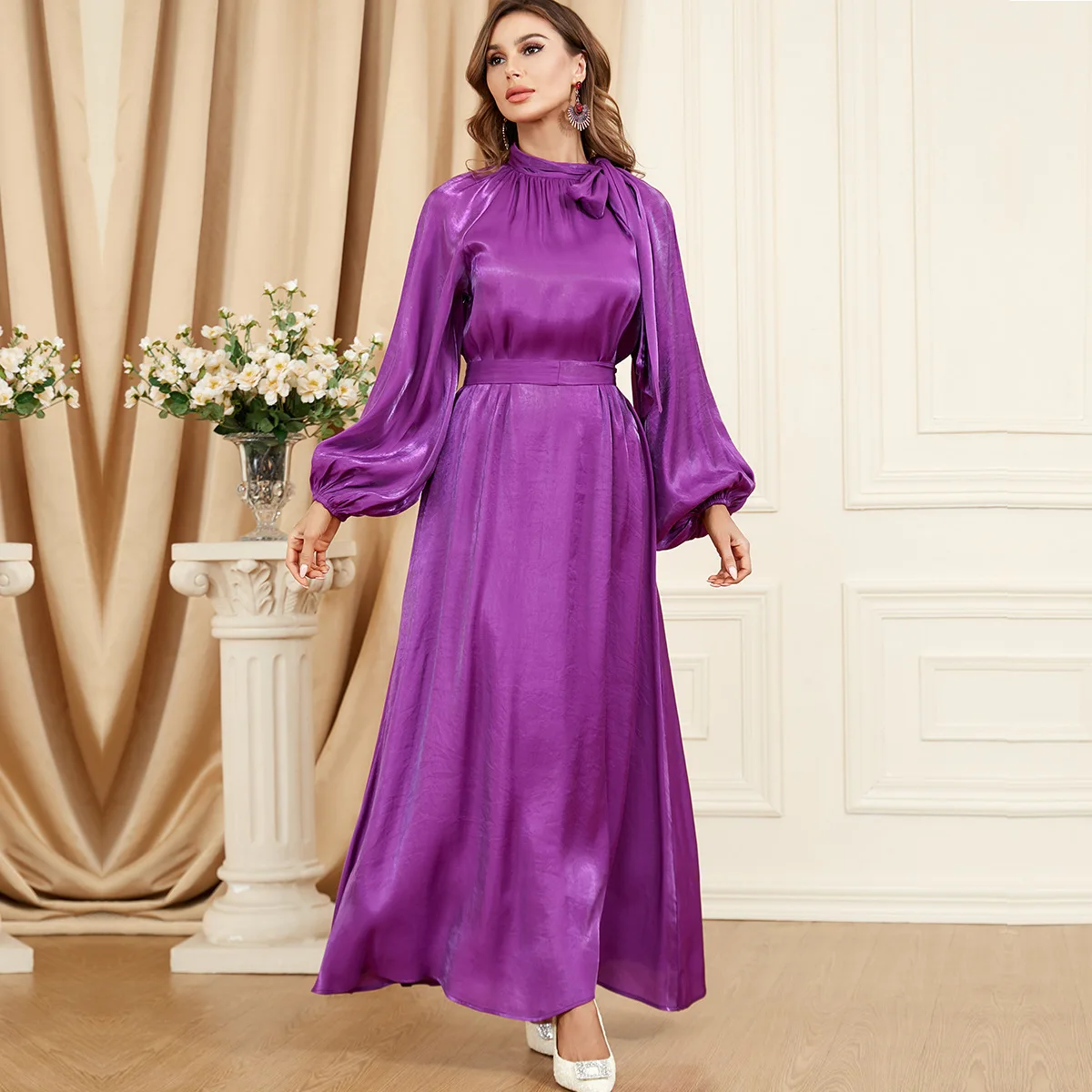 Modest Muslim Moroccan Jalabiya Dubai Arab Oman Maxi Dress for Women Brief Solid Bow Stand Collar Lantern Sleeve Robe 2024