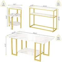 Mid-Century Coffee Table Set of 3, Faux Marble Coffee Table and Semicircle End Table Sets with Storage Shelves & Metal Frame 2