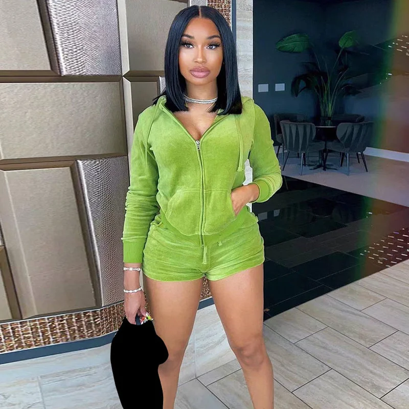 

WUHE Solid Velvet Casual Hooded Tracksuit Biker Pants Two Piece Set Zipper Coat + Shorts Sportsuit Clothes for Women Outfit